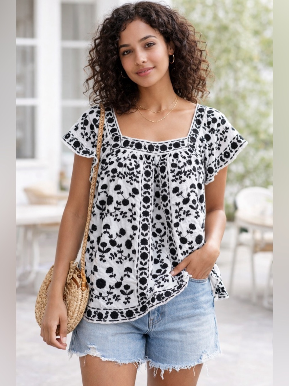 Max Studio London Embroidered Boho Peasant Blouse BLK/WHT  Flutter Sleeve- S